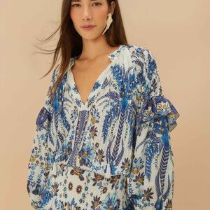 FARM Rio Ana Tapestry Off-White and Blue Blouse NWT
